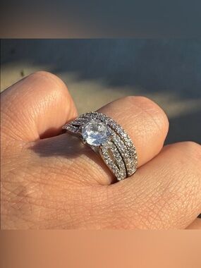 Wedding Engagement Elegant Silver Sparkle Pave Ring w Band Set Size 7